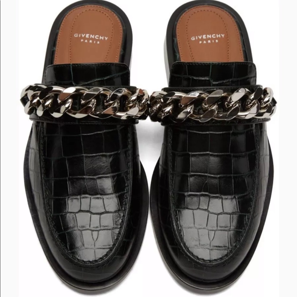 Givenchy chain slip-on mules. Dark green croc